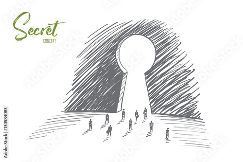 Vector hand drawn secret concept sketch with business people going towards huge keyhole and lettering