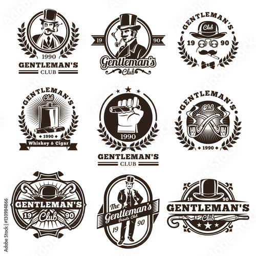 Set of vintage gentleman emblems, labels.