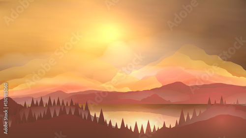 Abstract Sunrise Mountains with Lake and Pine Forest - Vector Il