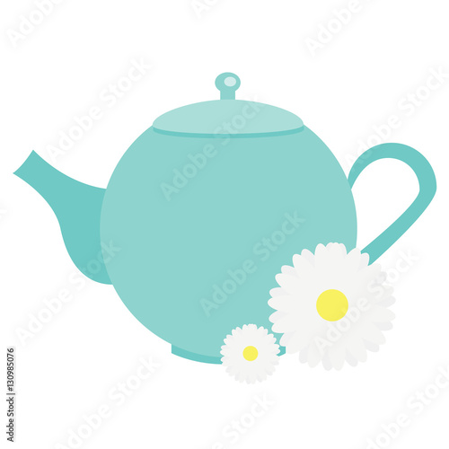 Teapot with chamomile flowers, herbals. Blue Tea kettle vector illustration