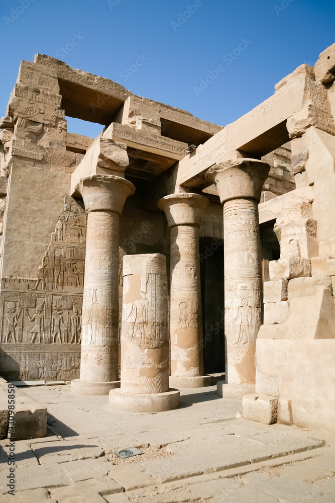 landmark ruins Temple of Kom Ombo, Egyptian monument from 180 to 47 B.C. in Ptolemaic dynasty, with columns reliefs, carving images and hieroglyphs, in Aswan Egypt, Africa

