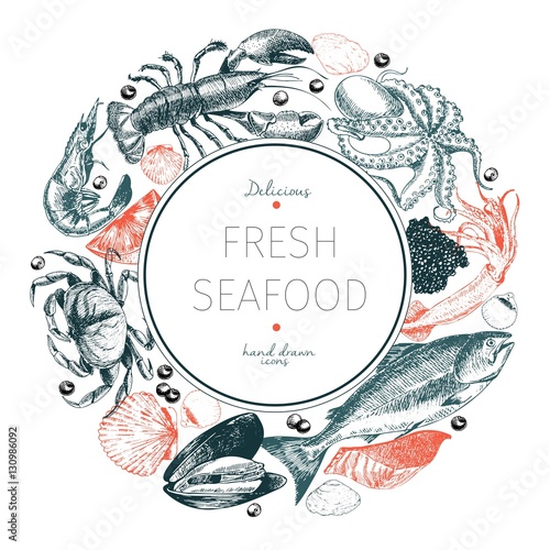 Vector hand drawn seafood logo. Lobster, salmon, crab, shrimp, ocotpus, squid, clams.Engraved art in round composition.