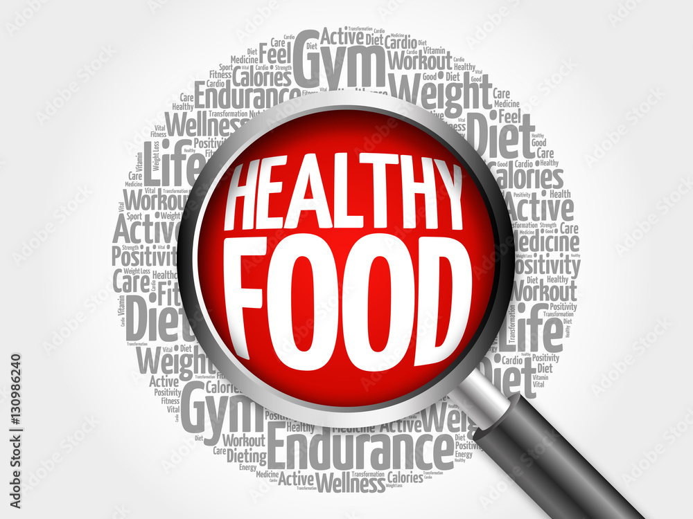 Healthy Food word cloud with magnifying glass, health concept 3D illustration