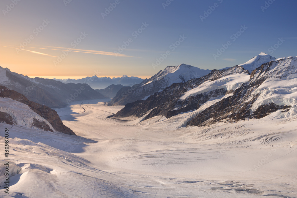 Sunrise over the Aletsch Glacier from Jungfraujoch, Switzerland