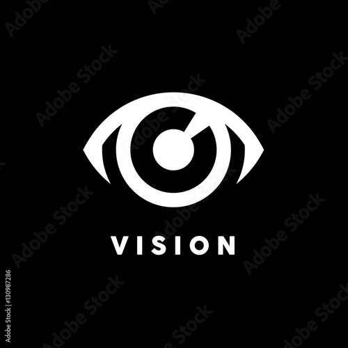 Fototapeta Naklejka Na Ścianę i Meble -  Abstract vision logo with white eye icon concept on black background. Vector illustration.