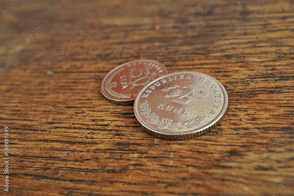 Macro detail of Croatian coins (Kuna and Lipa, HRK) on the wooden desk as a financial background of currency used in Croatia Macro detail of Croatian coins (Kuna and Lipa, HRK) on the wooden desk as a financial background of currency used in Croatia