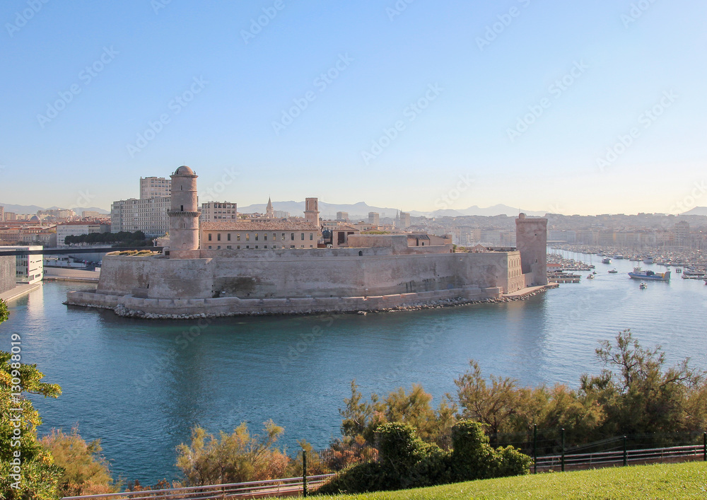 Fortress at the old port of Marseille in the morning light