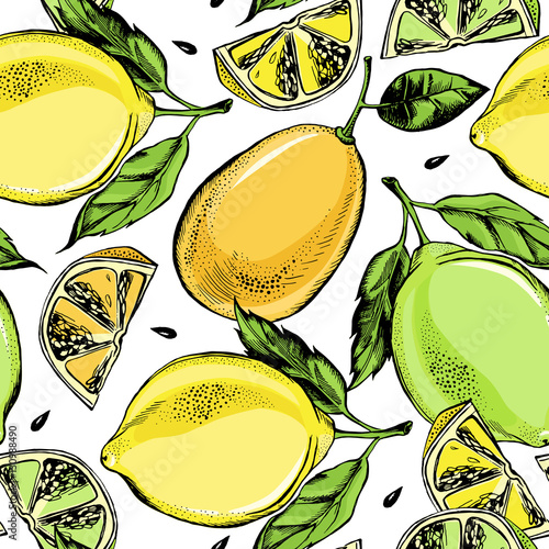 Decorative seamless pattern with hand-drawn fruits: lemons and kumquats.