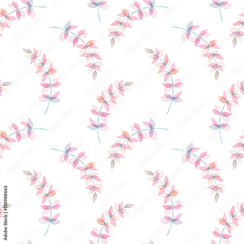 Seamless pattern with the watercolor branches with purple and pink leaves, hand painted isolated on a white background