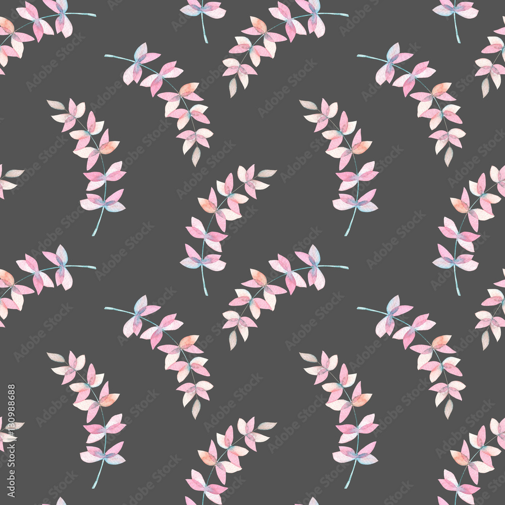 Seamless pattern with the watercolor branches with purple and pink leaves, hand painted isolated on a dark background