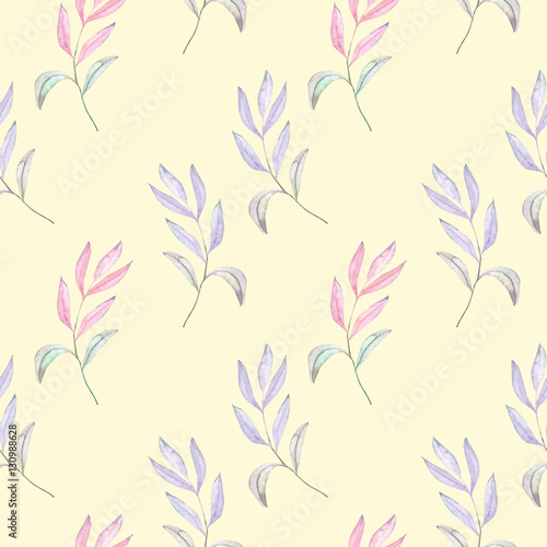 Seamless pattern with the watercolor branches with purple and pink leaves  hand painted isolated on a cream background
