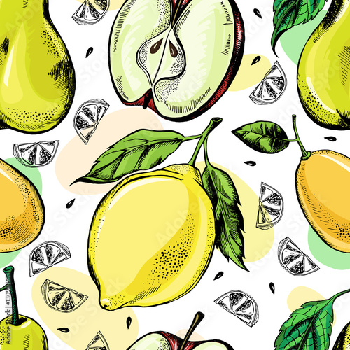 Seamless pattern with hand-drawn fruits: lemons, apples, pears, kumquats.