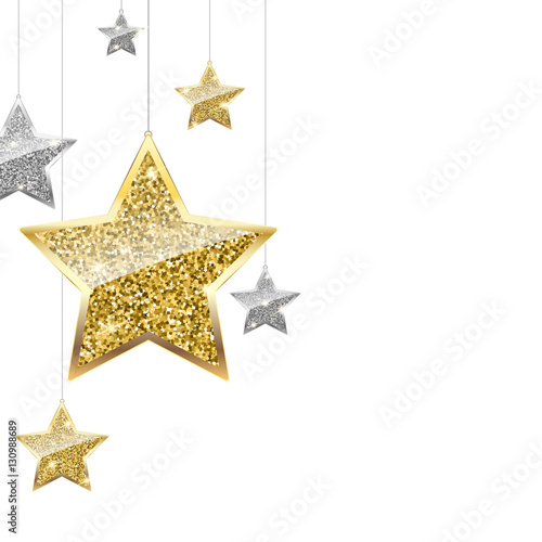 Glitter background with ilver and gold hanging stars. Merry Christmas and Happy New Year background. Template for vip banners or card, exclusive certificate, luxury voucher