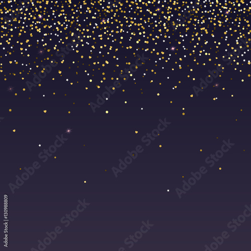 Brilliant, golden and sparkling dust particles, shape of heart, stars on dark background. The falling, glittering golden rain or snowfall, ready background template for greeting card or invitation