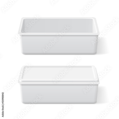 White plastic opened and closed container for margarine, butter, ice cream or cheese on white background. Packaging food box realistic mock up.