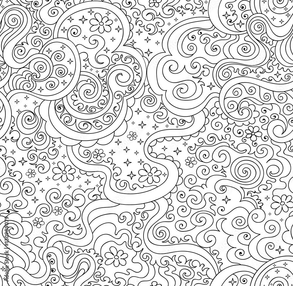 Abstract beautiful decorative vector endless seamless texture with lines, flowers and stars. Coloring book pattern Abstract beautiful decorative vector endless seamless texture with lines, flowers and stars. Coloring book pattern