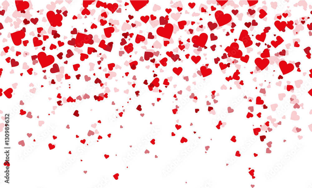 Confetti red hearts fall background