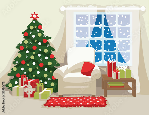Christmas room interior. Vector illustration. Scene for your artwork.