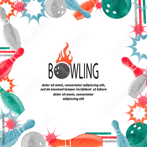 Bowling square border isolated on white for your design. Frame vector background with watercolor bowling balls and pins