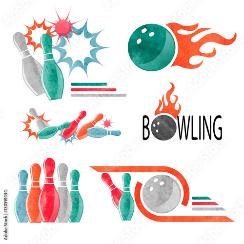 Set of watercolor colorful bowling logo, icons and symbols isolated on white. Bowling ball and pins vector illustration. Design elements.