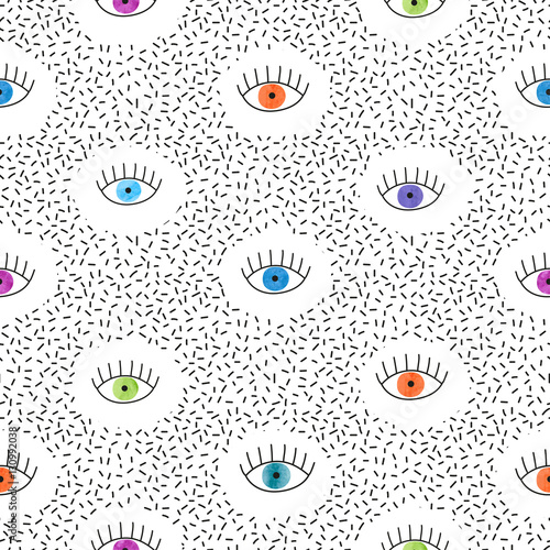Abstract seamless pattern with watercolor colorful eyes. Retro fashion texture, 80s - 90s style. Vector background.