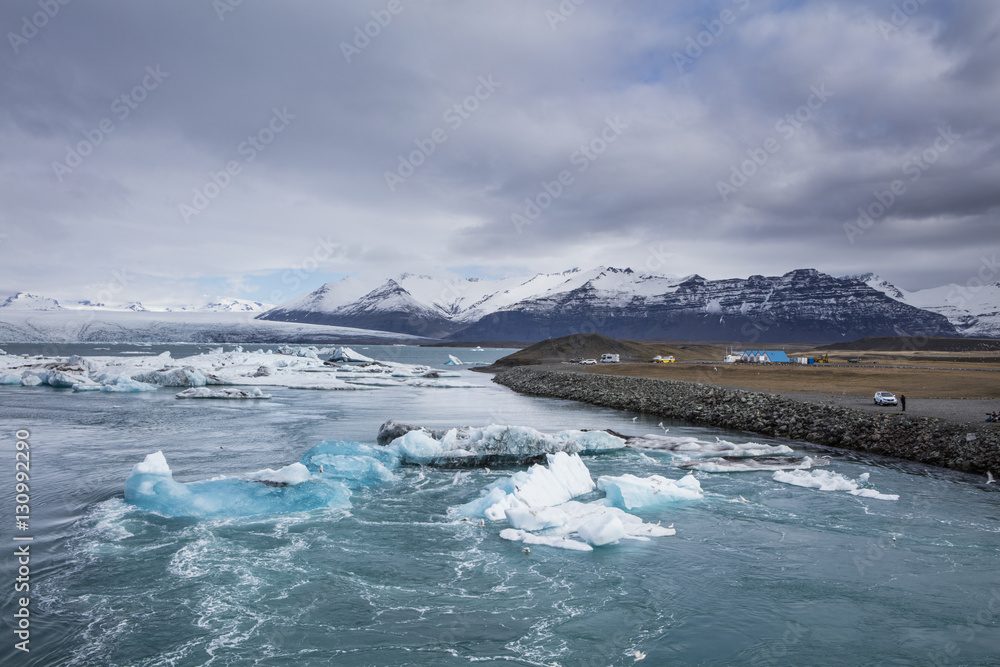 Fototapeta premium The Jokulsarlon glacier lagoon in Iceland during a bright summer night