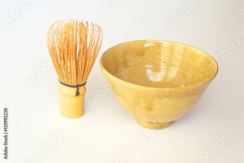 Japanese tea ceremony utensil - tea bowl and bamboo tea whisk photo