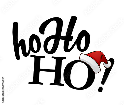 Isolated black Ho-ho-ho! text with Santa's red hat on white back photo