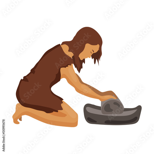 Cavewoman with grindstone icon in cartoon style isolated on white background. Stone age symbol stock vector illustration.