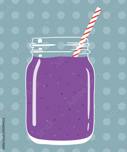 Blueberry smoothie in mason jar with striped straw on dotted background. Fresh natural berry drink, isolated. Vector hand drawn illustration eps10.
