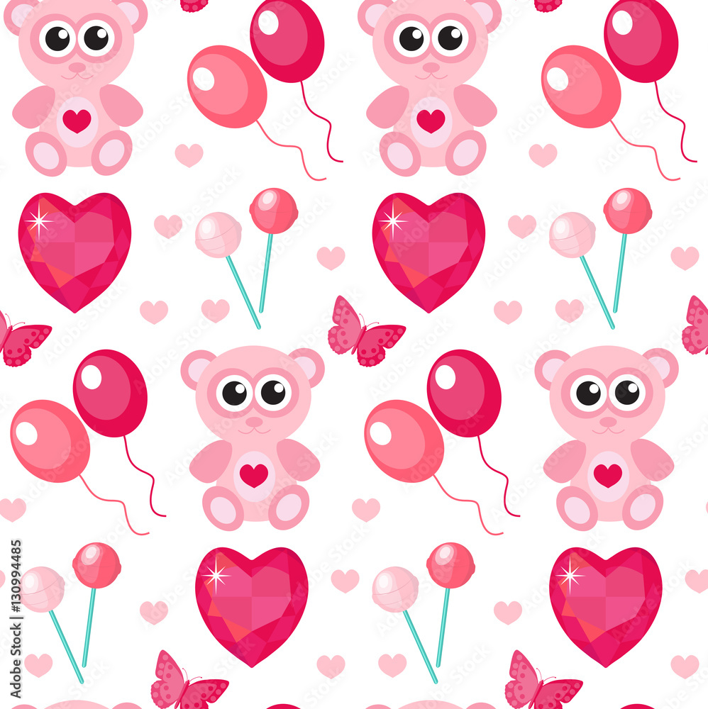 Cute seamless pattern Valentines day with teddy bear, balls, hearts. Love, romance, endless background, texture, wallpaper. Flat, cartoon style Vector illustration