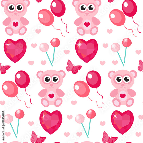 Cute seamless pattern Valentines day with teddy bear, balls, hearts. Love, romance, endless background, texture, wallpaper. Flat, cartoon style Vector illustration
