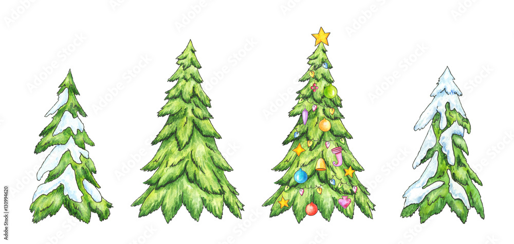 Christmas trees. Cartoon Pines in snow. Watercolor illustration