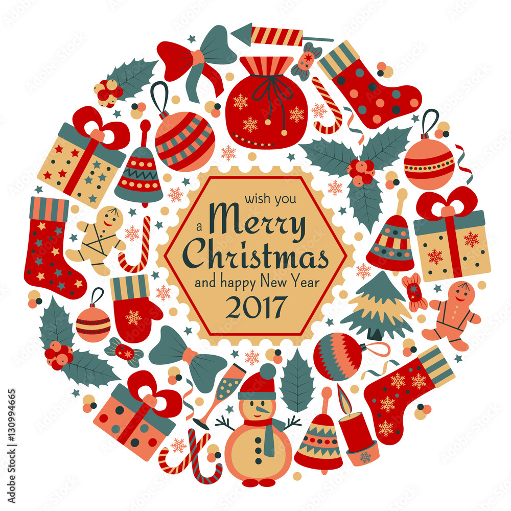 Christmas greeting card with text Merry Xmas and many winter doodle toys. Wreath shape. Vector illustration.