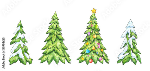 Christmas trees. Cartoon Pines in snow. Watercolor illustration