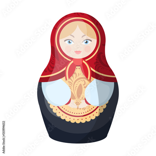 Russian matrioshka icon in cartoon style isolated on white background. Russian country symbol stock vector illustration.