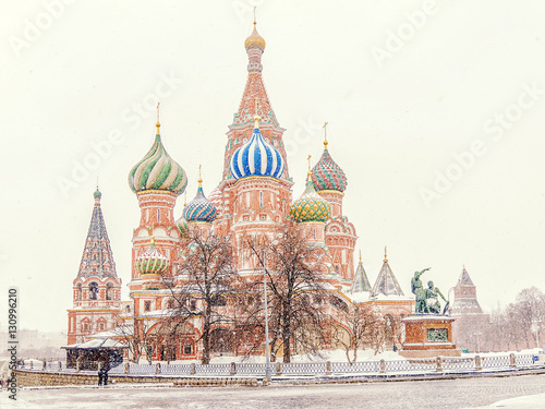 winter view of the St. Basil's Cathedral in the snow storm. Mosc