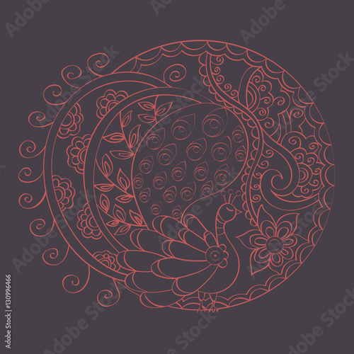 Hand-drawn mandala with indian peacock in mehndi style, vector