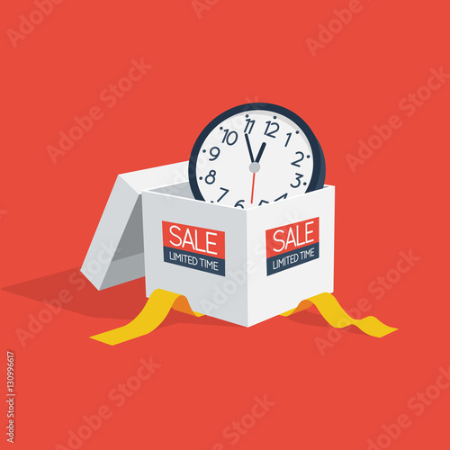 Special offer sale discount symbol with open gift and wall watch isolated on red background. Easy to use for your design with transparent shadows.