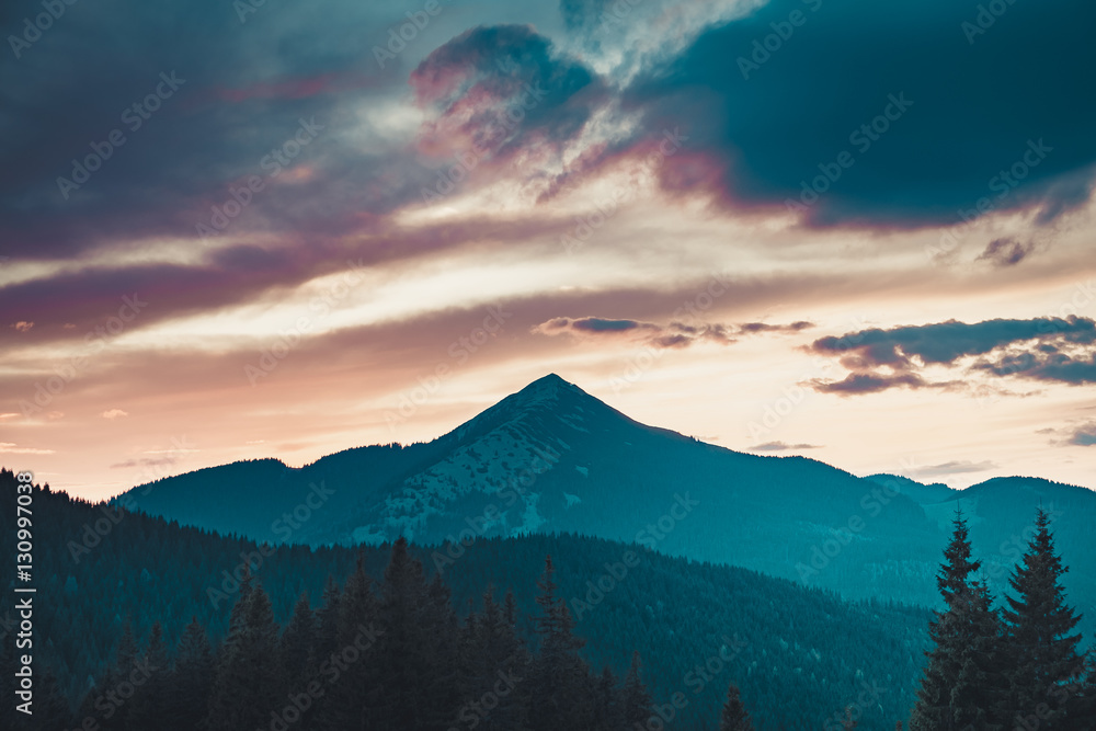 Majestic sunrise in montain landscape. Sunset time. Carpathian, Ukraine, Europe. Beauty world. Vintage filter