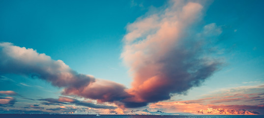 Summer sunset in Antarctica. Beautiful winter background