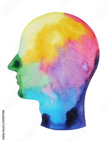 man head, chakra power color colorful abstract thinking, world universe inside your mind watercolor painting