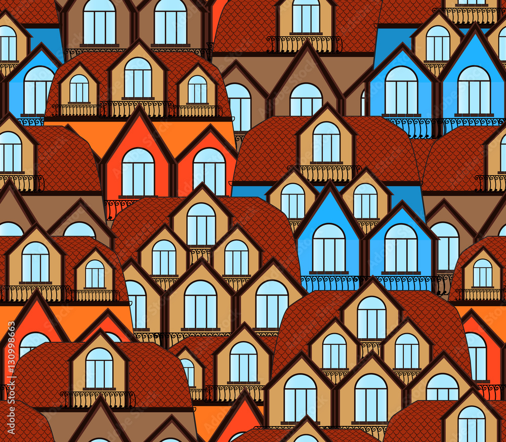 Architecture decorative vector seamless pattern with multicolored houses