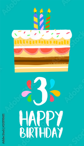 Happy Birthday cake card for 3 three year party