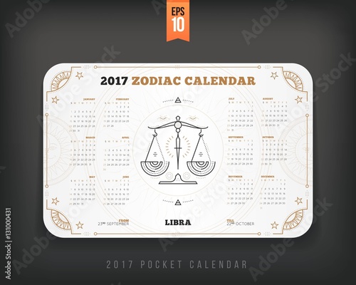 Libra 2017 year zodiac calendar pocket size horizontal layout White color design style vector concept illustration photo