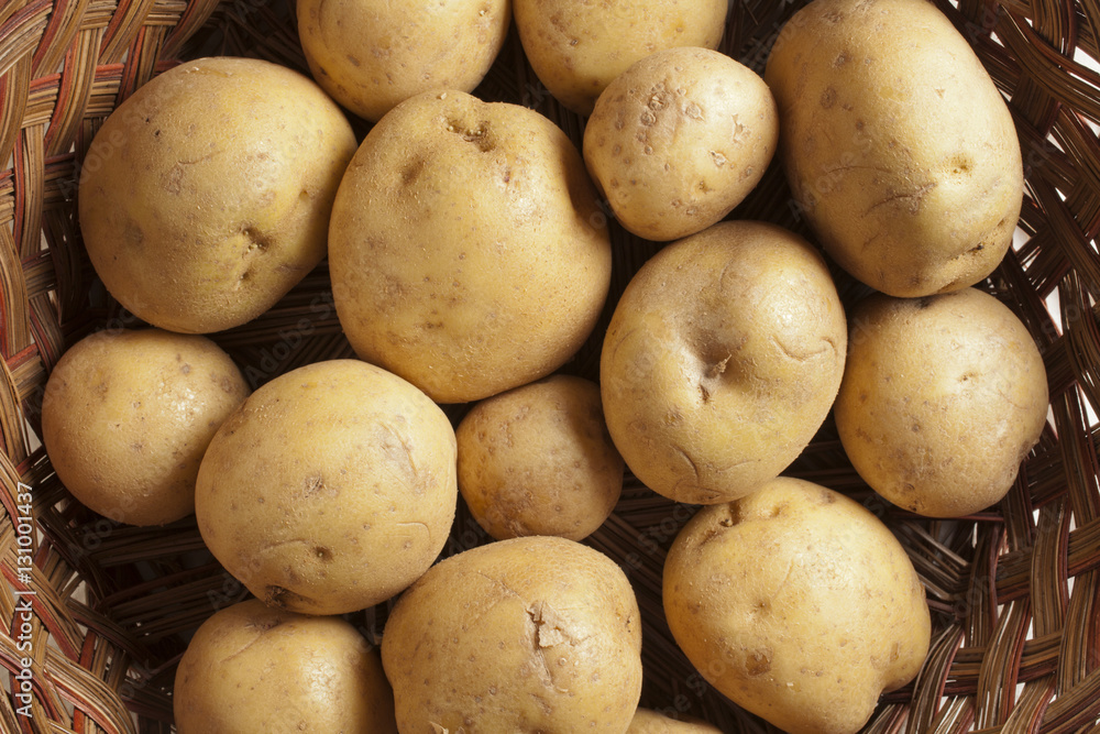 A basket of fresh, raw potatoes A basket of fresh, raw potatoes