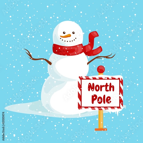 Vector Christmas illustration white snowman with a North Pole sign 