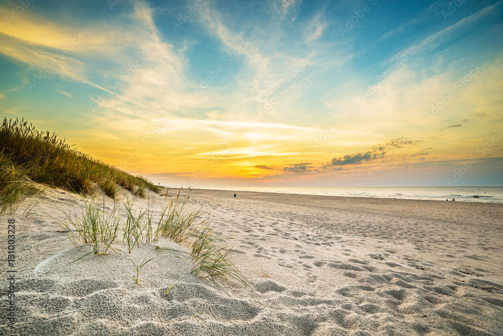 Sand dunes against the sunset light on the beach in northern Poland - obrazy, fototapety, plakaty 