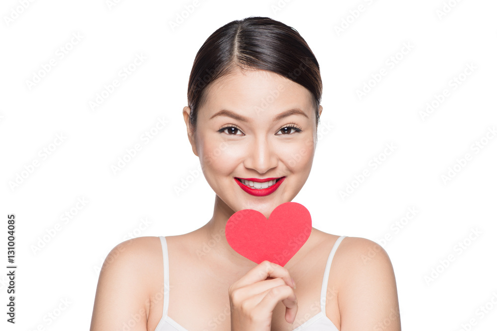 Cute attractive young woman with red heart. Valentine's day art Cute attractive young woman with red heart. Valentine's day art
