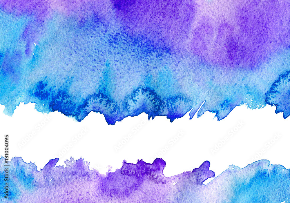 Blue and violet watery frame .Abstract watercolor hand drawn illustration.Azure splash.White background.